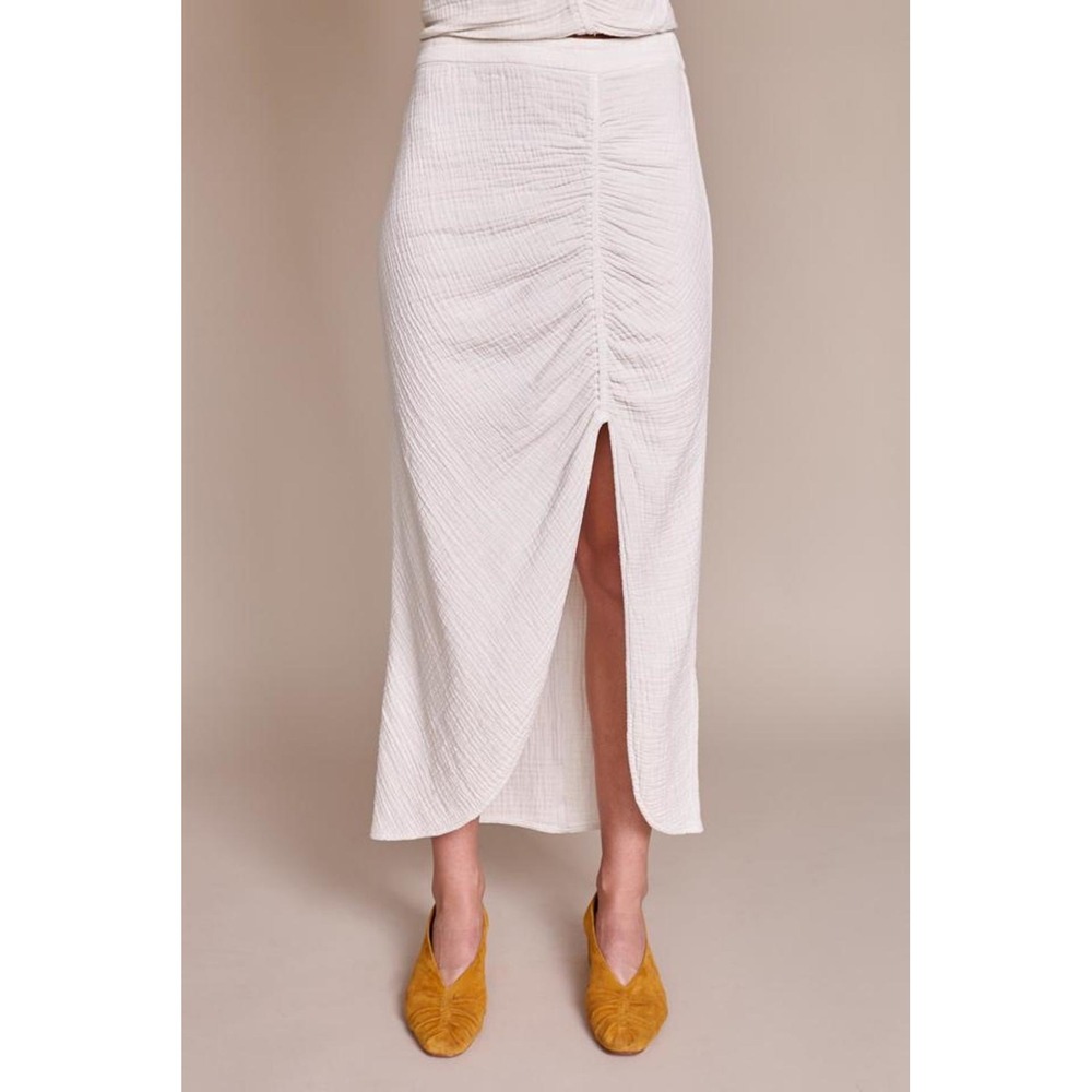 Raquel Allegra Cream Cotton Gauze Ruched Front Slit Midi Skirt Size 0 XS